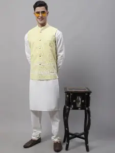 Jompers Men Pure Cotton Kurta & Churidar With Chikankari Embroidered Nehru Jacket