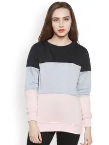 Belle Fille Women Black & Grey Melange Colourblocked Sweatshirt