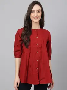Janasya Self-Design Mandarin Collar Cotton Shirt Style Top