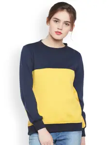 Belle Fille Women Navy Blue & Yellow Colourblocked Sweatshirt