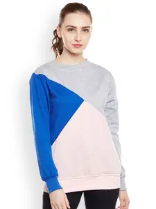 Belle Fille Women Blue & Pink Colourblocked Sweatshirt