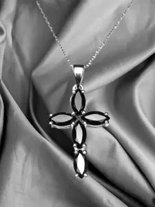 HIFLYER JEWELS Silver-Plated 925 Sterling Silver Stone-Studded Cross Pendant