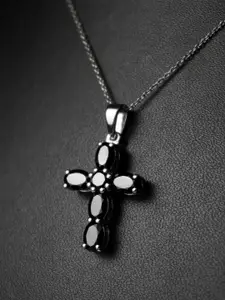 HIFLYER JEWELS Silver-Plated 92.5 Sterling Silver Stone-Studded Cross Pendant