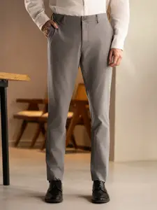 The Pant Project Men Mineral Grey Solid Slim Fit Wrinkle-Resistant Formal Trousers with Stretchable Waistband