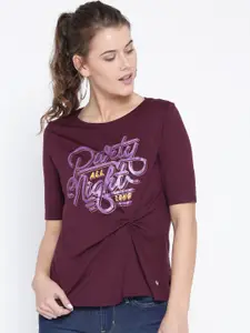 ONLY Women Burgundy Printed Round Neck T-shirt