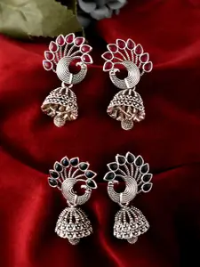 Silvermerc Designs Set Of 2 Silver-Plated Peacock Shaped Oxidised Jhumkas Earrings