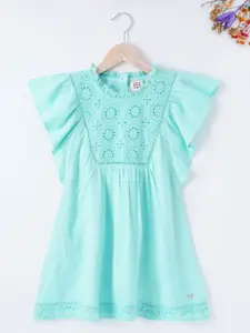 Ed-a-Mamma Girls Self Design Sustainable Schiffli Cotton A-Line Dress