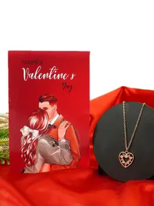 Ferosh Gold-Plated Stone-Studded Pendant With Chain With Valentine's Day Greeting Card