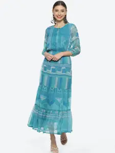 Biba Geometric Printed Round Neck A-Line Midi Dress