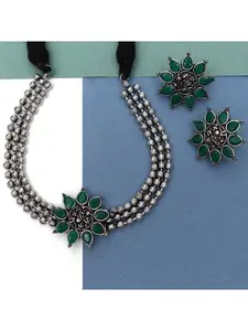 Ozanoo Green Brass Silver-Plated Oxidised Necklace with Earrings