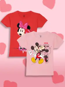 YK Disney Girls Pack Of 2 Mickey & Minnie Printed Pure Cotton T-shirt