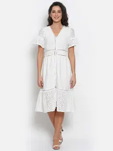 MARC LOUIS Self Design V Neck Midi Shirt Style Dress