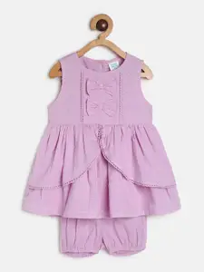 MINI KLUB Girls Self Design Pure Cotton Fit And Flare Dress With Shorts