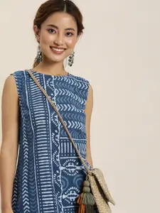 Taavi Indigo Geometric Printed Pure Cotton Ethnic A-Line Ethnic Dress