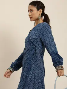 Taavi Indigo Geometric & Paisley Print V-Neck Bishop Sleeves Pure Cotton Wrap Maxi Dress