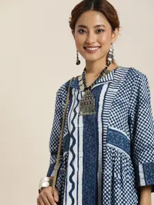 Taavi Indigo Geometric Printed Pure Cotton Ethnic A-Line Midi Ethnic Dress