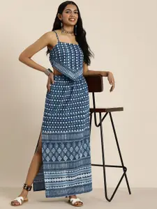 Taavi Women Indigo Shoulder Straps Cotton Printed Crop Top With Slit Detail Maxi Skirt