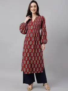 Janasya Women Maroon Pure Cotton Floral Printed Flared Kurta