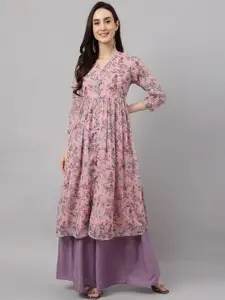 Janasya Women Chiffon Lurex Floral Printed Flared Kurta