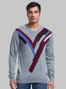 Parx Men Geometric Printed  V-Neck Acrylic Pullover Sweater