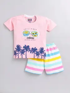 Nottie Planet Boys Pink & Blue Printed T-shirt with Shorts