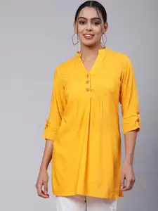 Jaipur Kurti Mandarin Collar Roll Up Sleeve Gathered Kurta