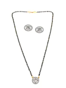 Jewar Mandi Silver Gold-Plated CZ-Studded & Beaded Mangalsutra with Earrings