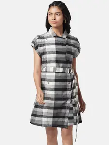 SF JEANS by Pantaloons Roll-Up Sleeves Belted Checked Cotton Shirt Dress