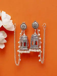 Moedbuille Silver Palated Dome Shaped Oxidised Pearls Studded Jhumkas Earrings
