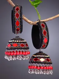 Moedbuille Silver-Plated Mirror Studded & Beaded Contemporary Jhumkas Earrings
