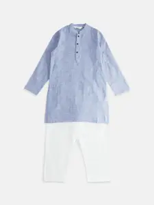 indus route by Pantaloons Boys Blue Striped Woven Design Pure Cotton Kurta with Pyjamas