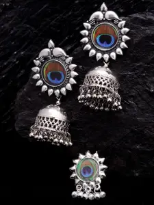 PANASH Oxidized Silver-Plated Meenakari Dome Shaped Earrings with Ring