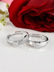 Studio Voylla Set of 2 925 Sterling Silver Rhodium-Plated Zirconia Studded Couple Finger Rings