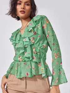 The Label Life Floral Printed Bell Sleeves Ruffles Wrap Top
