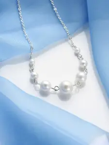 Jewels Galaxy Brass Silver-Plated Pearl Studded Contemporary Necklace