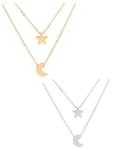 Jewels Galaxy Set of 2 Gold-Plated Star-Moon Layered Necklace