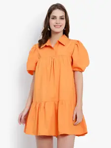 DRIRO Puff Sleeves Drop-Waist Pure Cotton Mini Dress