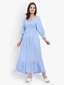 DRIRO Printed Square Neck Puff Sleeves Smocked Maxi Dress