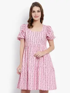 DRIRO Floral Printed Round Neck Puff Sleeves Chiffon A-Line Dress