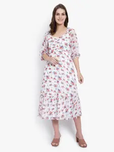 DRIRO Floral Printed Square Neck Puff Sleeves Georgette A-line Midi Dress