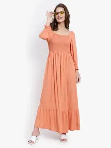 DRIRO Printed Square Neck Puff Sleeves Smocked Maxi Dress