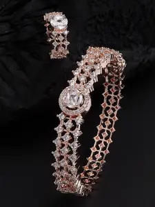 ZENEME WomenBrass American Diamond Rose Gold-Plated Kada Bracelet With Ring