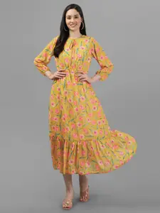 Masakali.Co Floral Tie-Up Neck Puff Sleeves Georgette A-Line Midi Dress