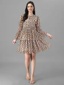 Masakali.Co Abstract Printed Tie-Up Neck Puff Sleeves Layered Georgette Fit & Flare Dress