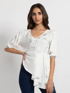 SHAYE Puff Sleeves Silver Foil Floral Print A-Line Top