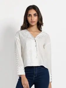 SHAYE Cuffed Sleeves V-Neck Silver Foil Printed Shirt Style Cotton Top
