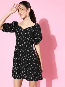 Sera Floral Printed Sweetheart Neck Puff Sleeves Crepe A-Line Dress