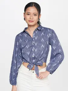 Global Desi Geometric Printed Shirt Style Waist Tie Up Pure Cotton Crop Top