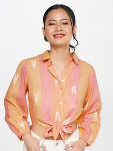 Global Desi Self Design Tie up Pure Cotton Shirt Style Top
