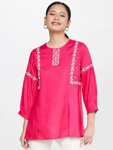 Global Desi Floral Embroidered Puff Sleeves Top